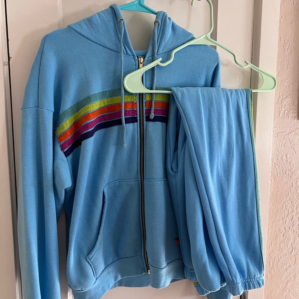 Aviator Nation Blue Rainbow Zip-up and Jogger Set